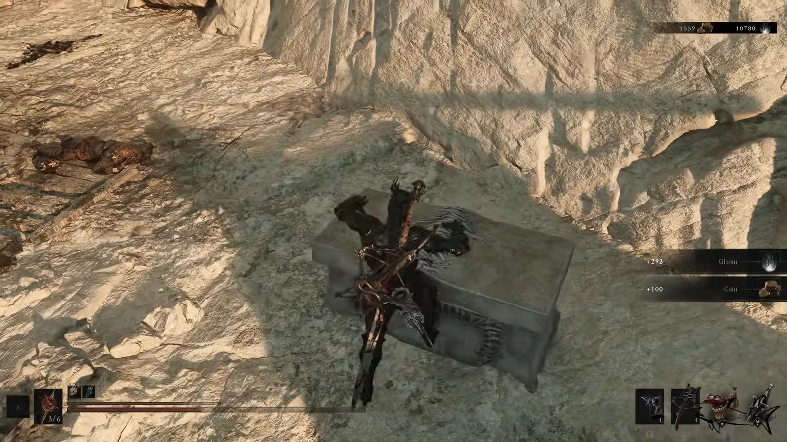 Character looting a chest with notifications awarding 292 Gloom and 100 Coin