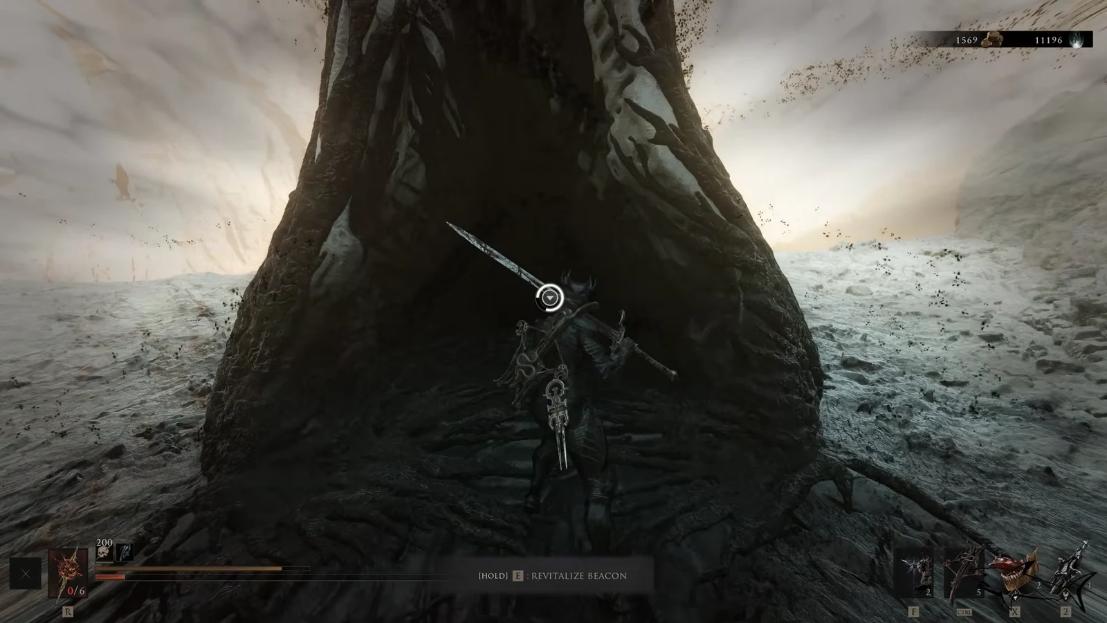 Gameplay prompt reading Hold E: Revitalize Beacon as the character restores a beacon