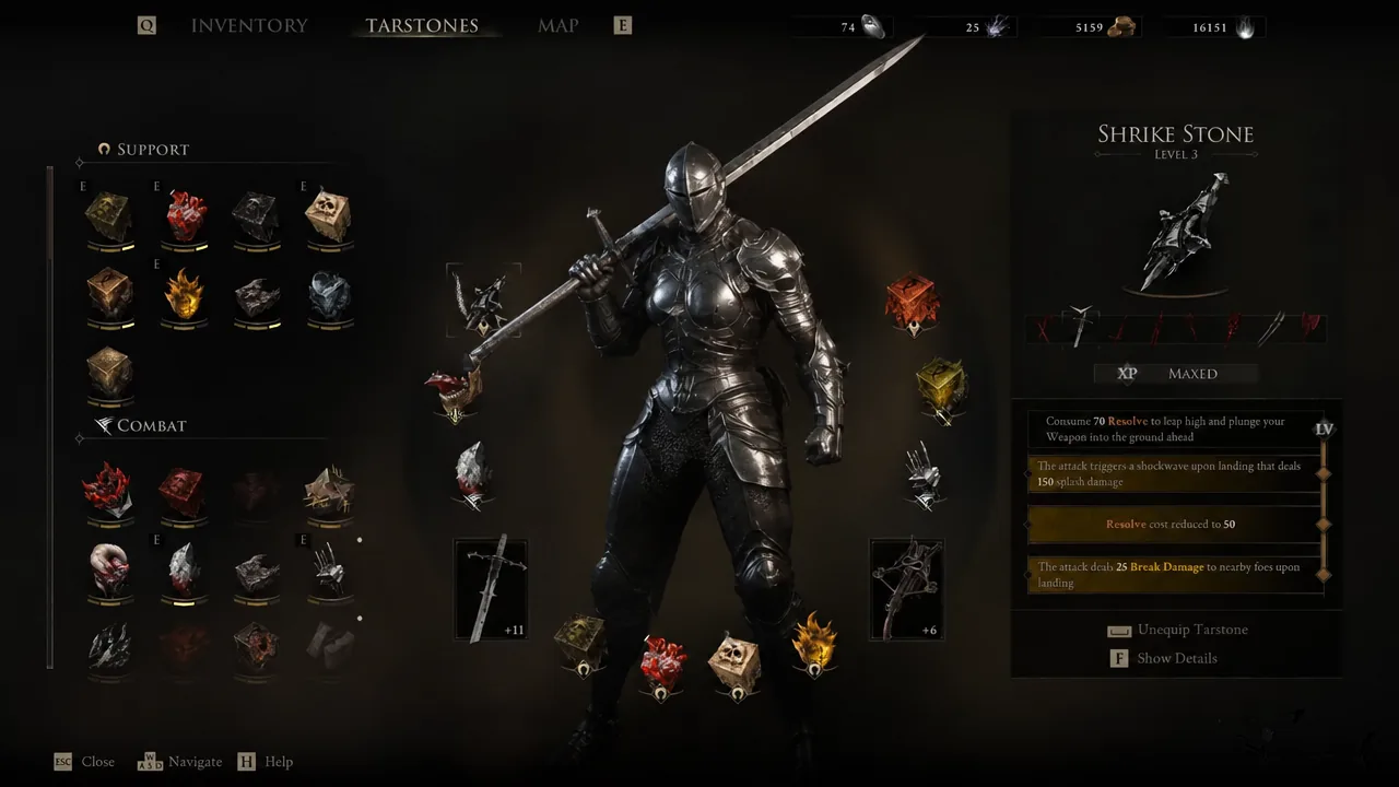 Tarstones menu with the Shrike Stone highlighted and its level 3 effects listed