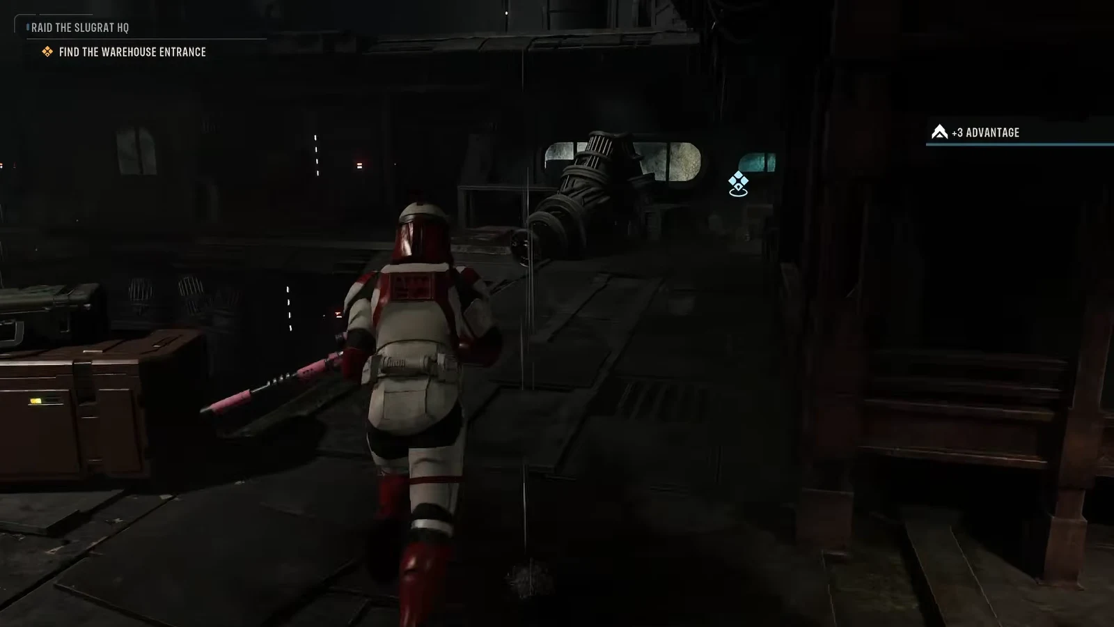 Moving down the dark industrial corridor that triggers the warehouse entrance cutscene