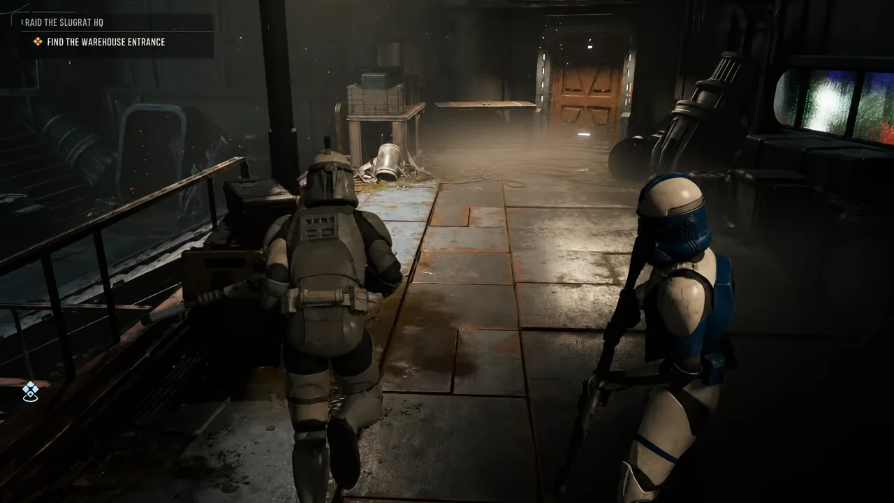 Find the Warehouse Entrance objective highlighted on screen as the squad moves through the canal district