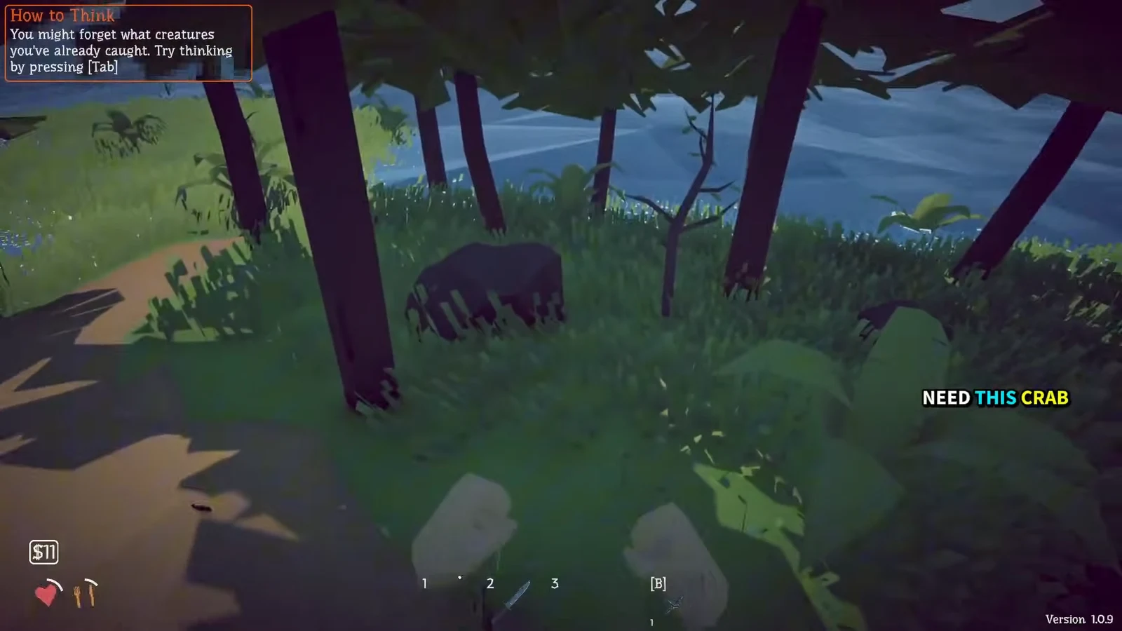 In-game How to Think tutorial prompt telling the player to press Tab to remember creatures already caught
