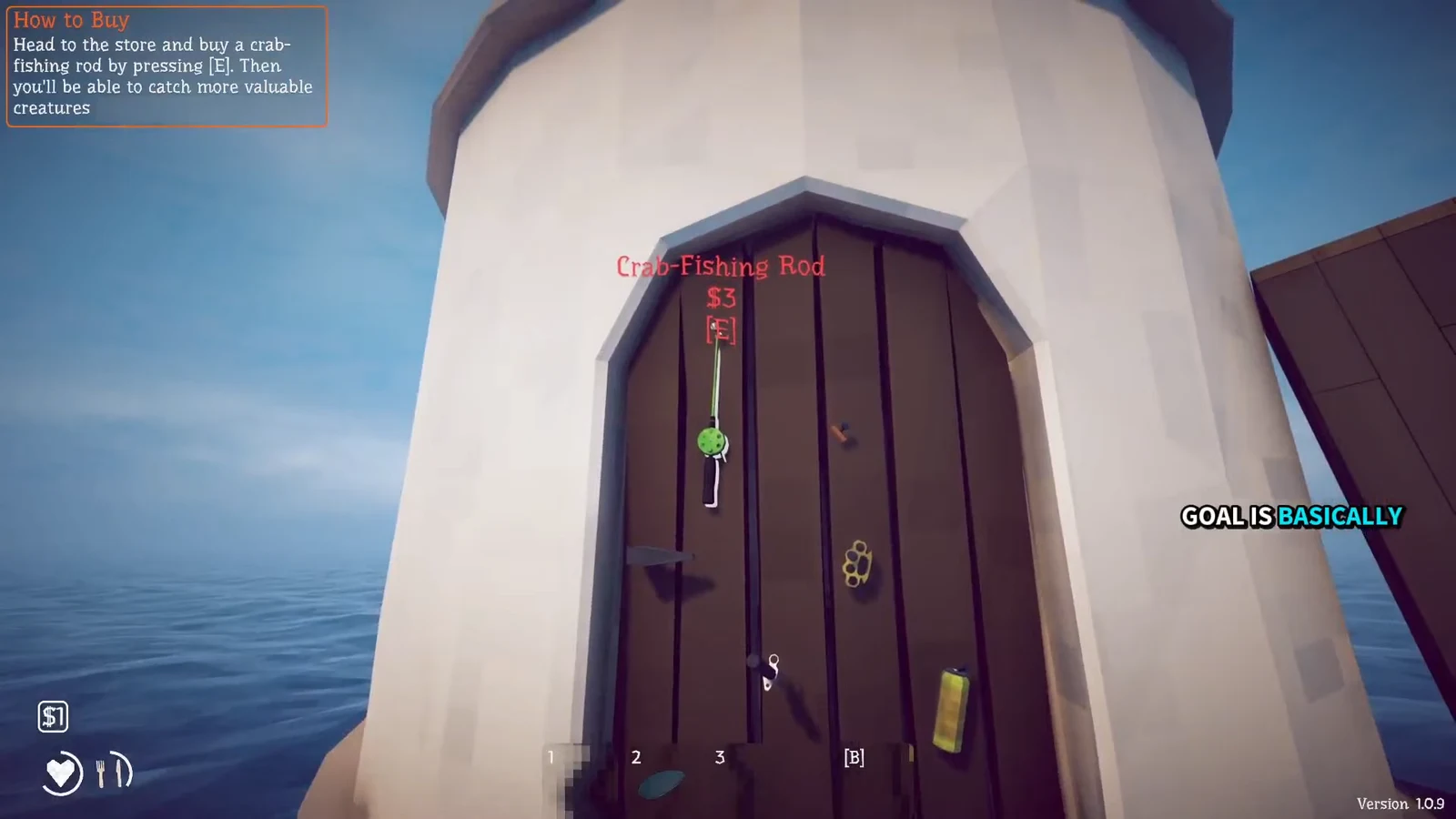 Lighthouse door shop showing the Crab-Fishing Rod priced at $3 with an [E] purchase prompt