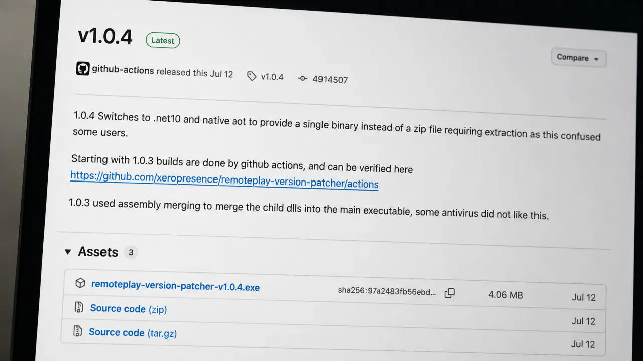GitHub release page with the remoteplay-version-patcher executable listed under Assets