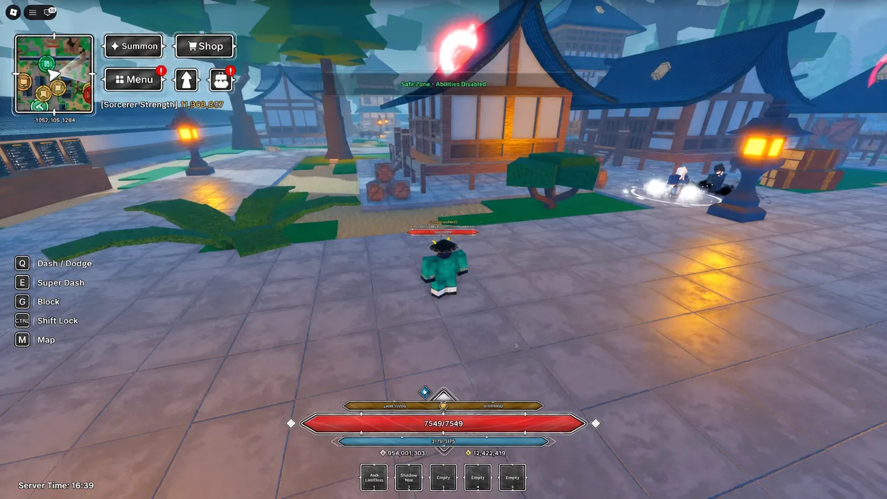 The GojoEstate NPC standing at the Jujutsu Tech spawn area