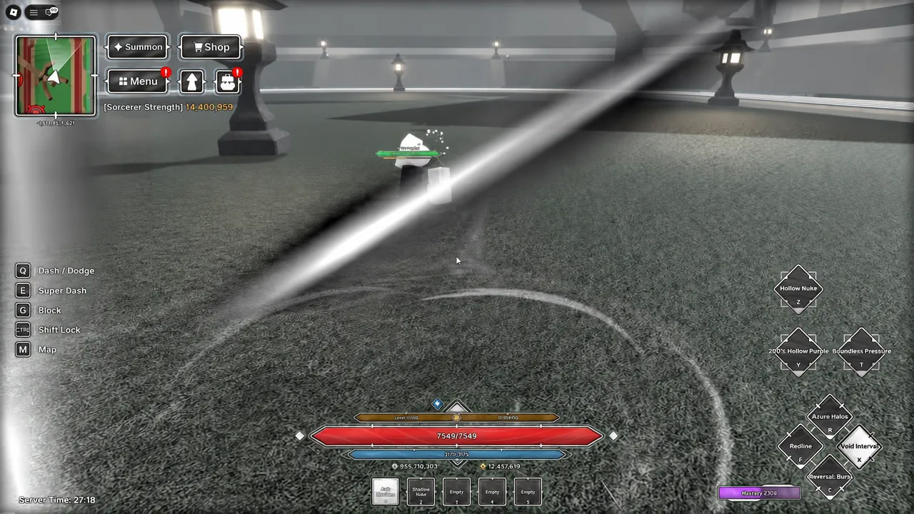 Player firing a bright beam at a nearby enemy with combat HUD and skill controls visible