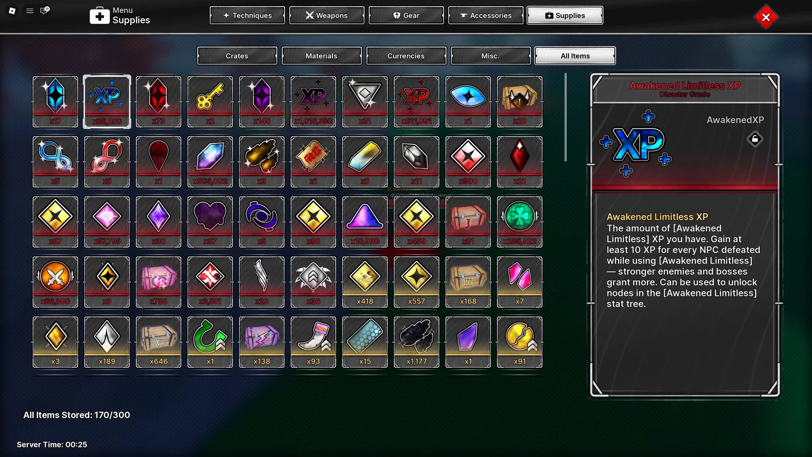 Supplies menu open on the All Items tab with Awakened Limitless XP selected
