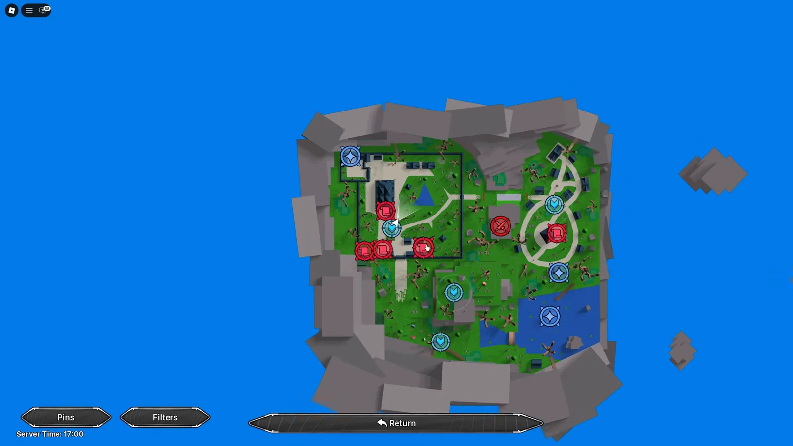 Map screen showing red and blue objective pins with Pins, Filters, and Return controls