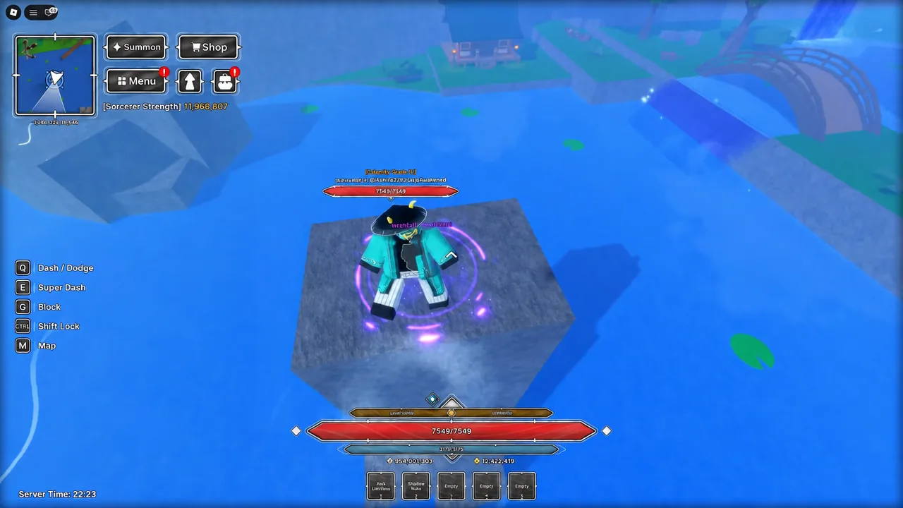 Player character on a stone platform with a purple aura effect active