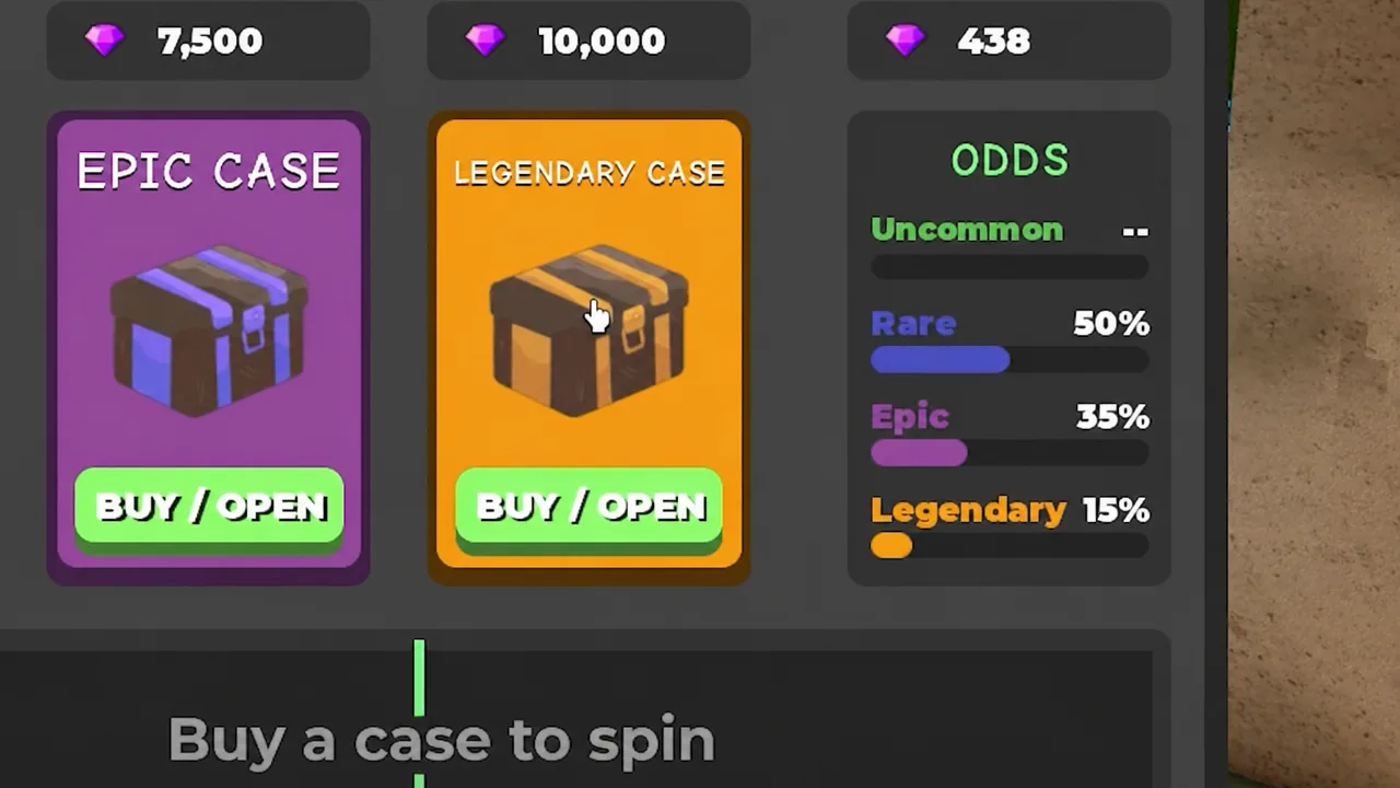 Cursor hovering over the Legendary Case on the case-selection screen before clicking BUY / OPEN