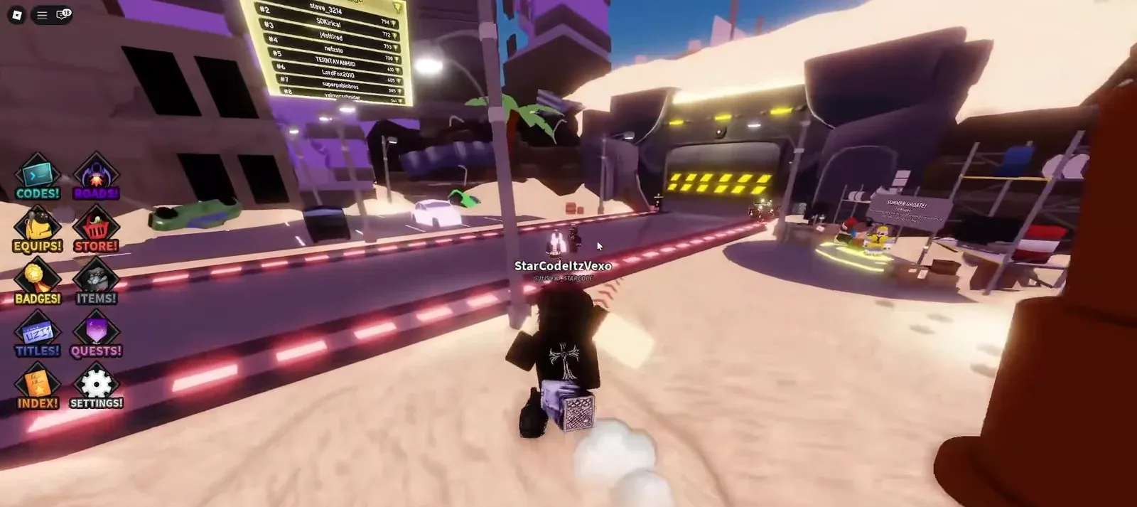 Lobby with CODES, ROADS, EQUIPS, STORE and other side menu buttons as the avatar walks