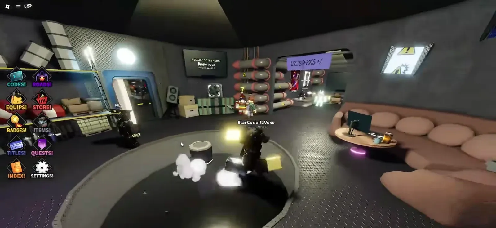 Game lobby room with the left navigation menu visible as the player walks toward the shop NPC