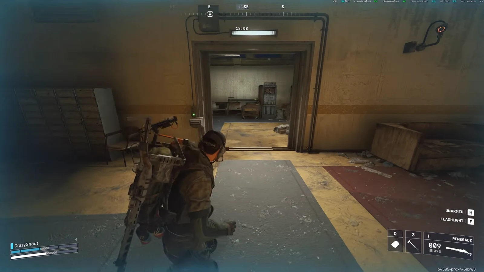 Player passing through an open sliding security door with a green wall-mounted control panel