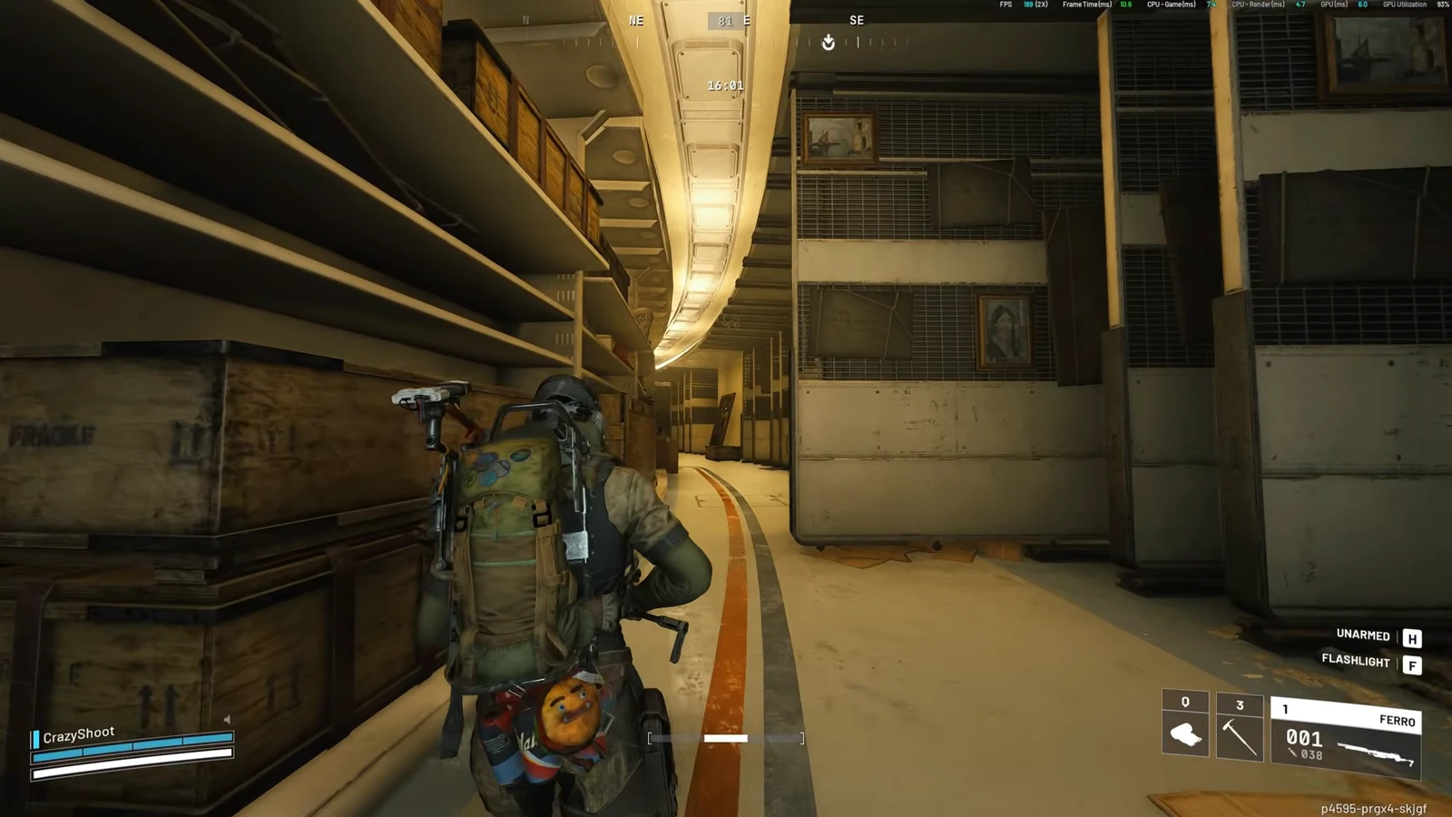 Player moving through a corridor on Stella Montis with the Ferro equipped and flashlight controls shown