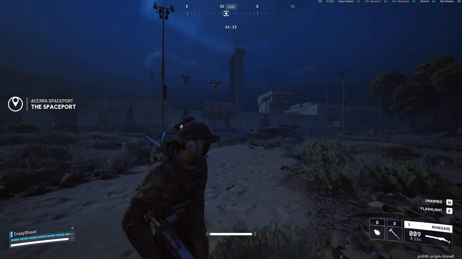 Player moving through the dark Acerra Spaceport facility with the Renegade equipped