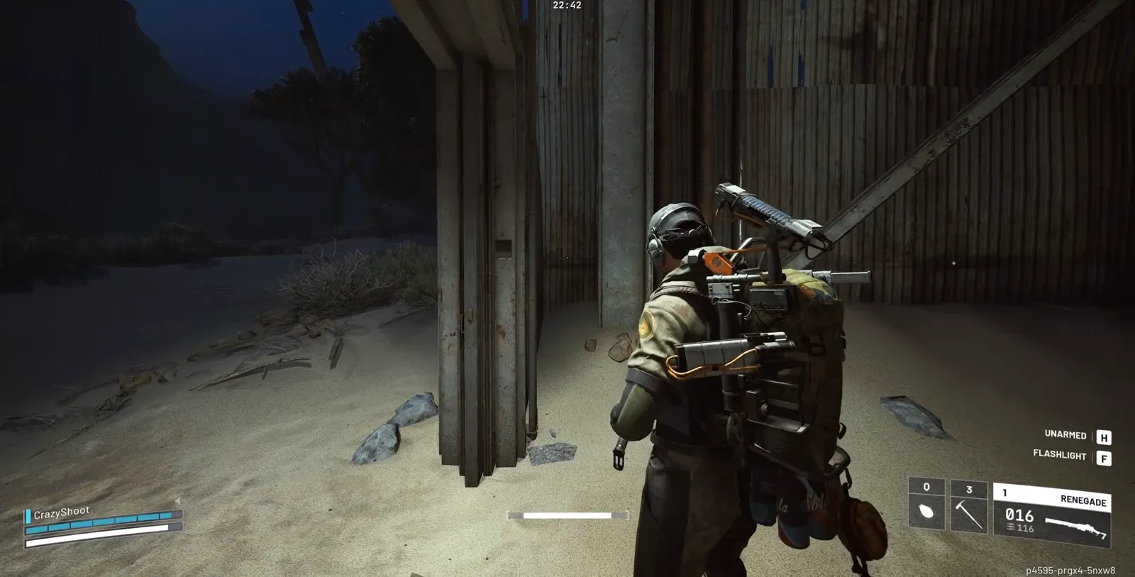 Player taking cover inside a shed at night with the Renegade highlighted on the HUD