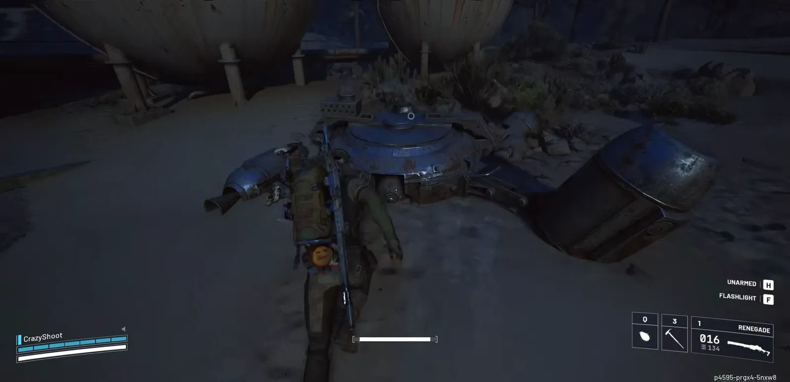 Search Husks objective on screen while the player searches a wrecked machine in a dark outdoor area
