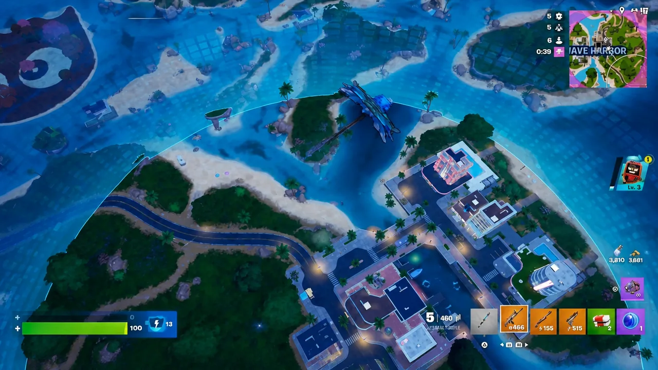 Player gliding over the island after being redeployed by a 1-Up Token