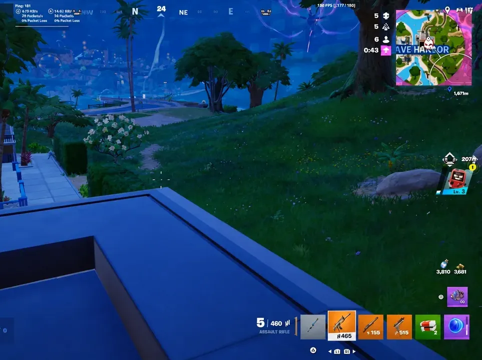Fortnite HUD with the Assault Rifle slot selected after respawning