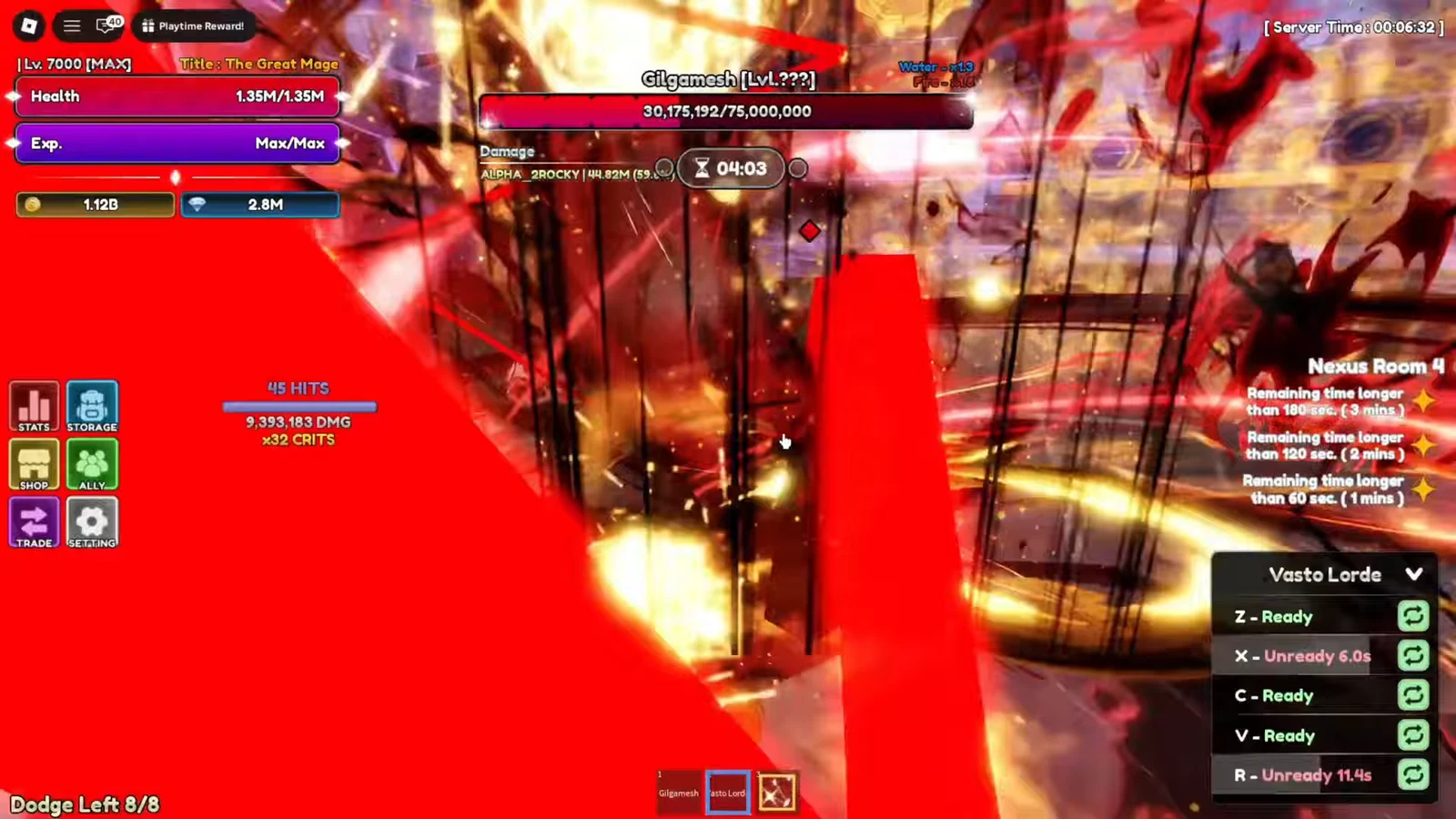 Gilgamesh boss fight in Nexus Room 4 with the ability panel active and boss health dropping
