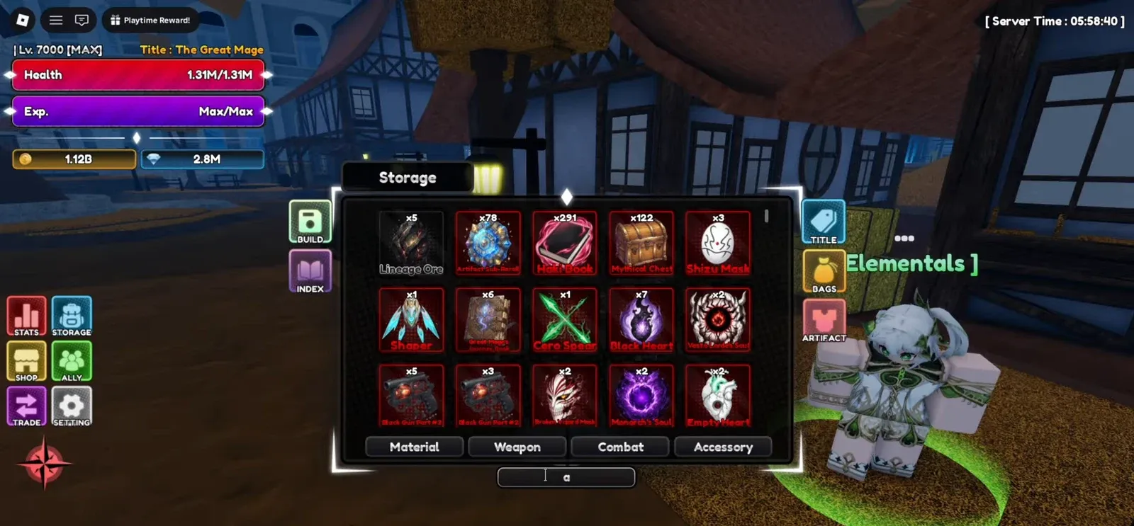 Storage Material tab showing collected coins and upgrade materials