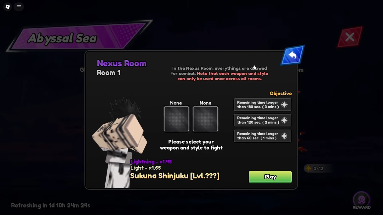 Nexus Room 1 setup screen with empty weapon and style slots and a Play button