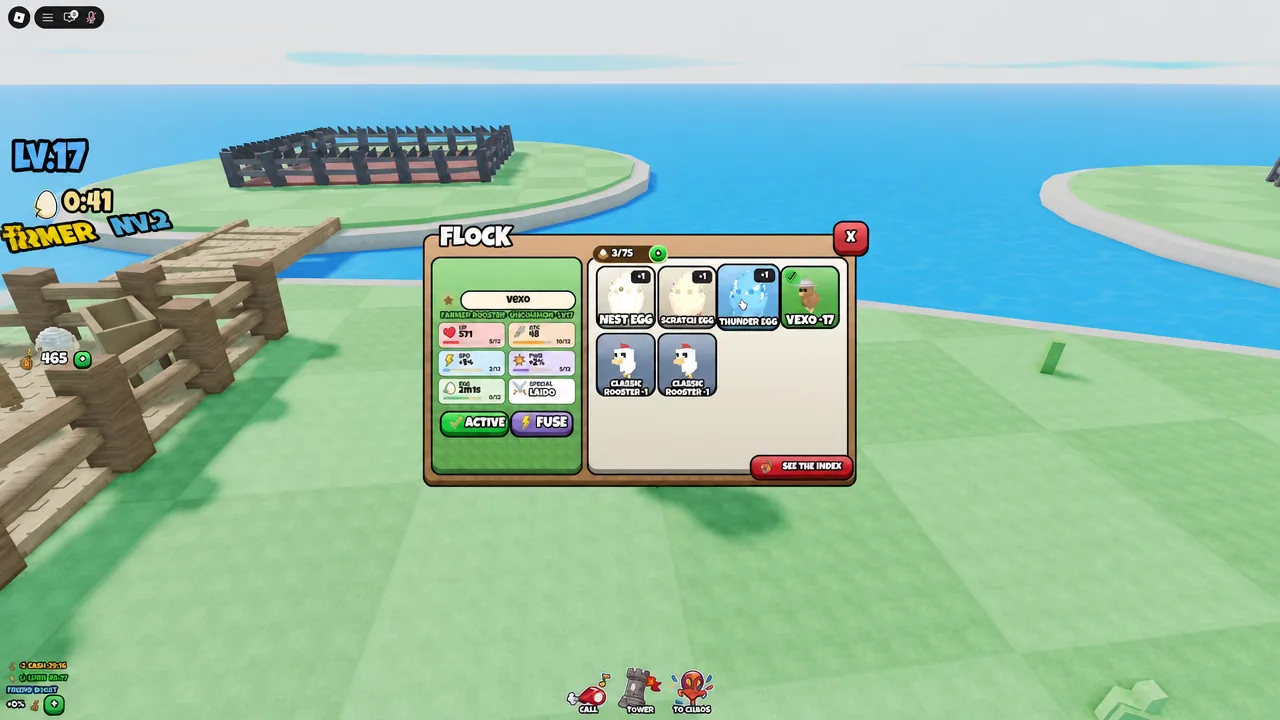 Flock menu with a chicken highlighted and its stats displayed while being selected