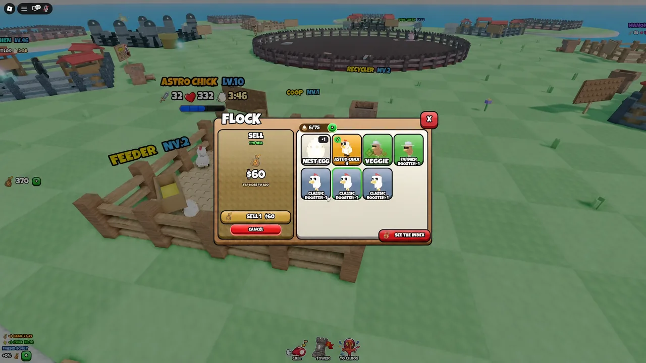 Flock menu with a chicken selected and the Sell 1 button priced at 60 ready to press