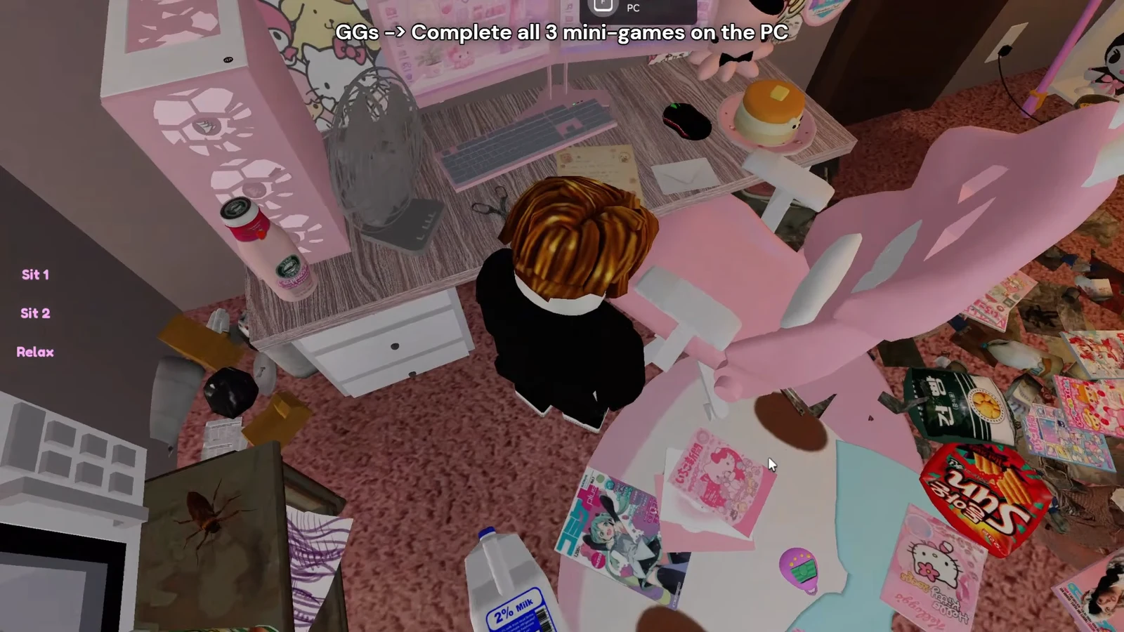 Bedroom overlay telling the player to complete all three PC mini-games for GGs