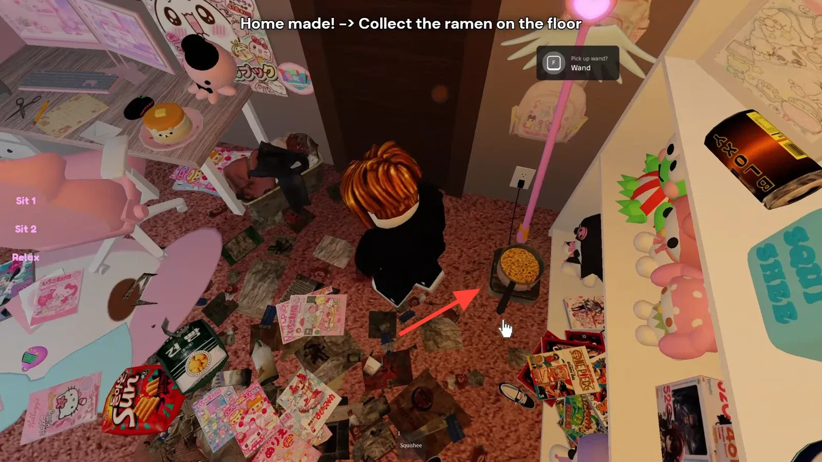 Floor view near the door with an F pickup prompt beside a ramen pot