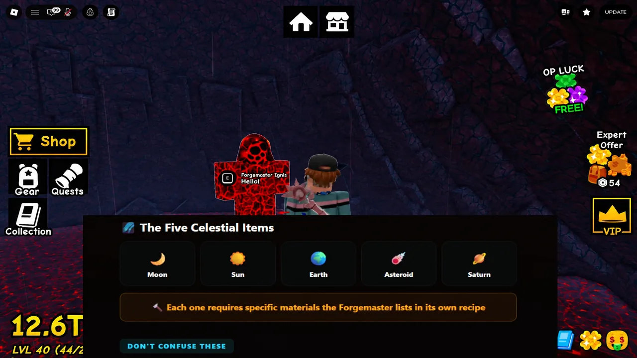 The Five Celestial Items screen with tabs for Moon, Sun, Earth, Asteroid, and Saturn