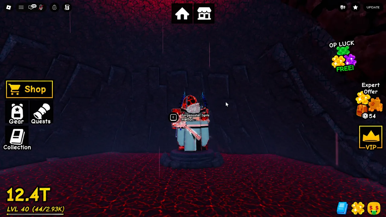 The E interaction prompt appears over the Forgemaster inside the volcano