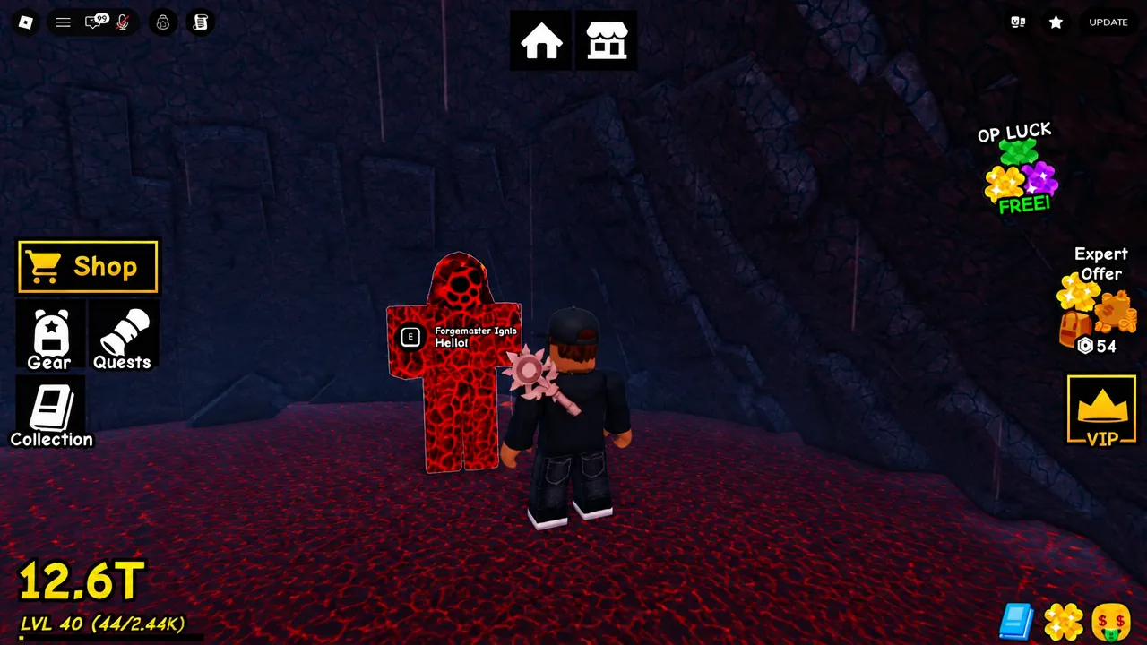 Player approaching Forgemaster Ignis with his greeting and interaction prompt on screen