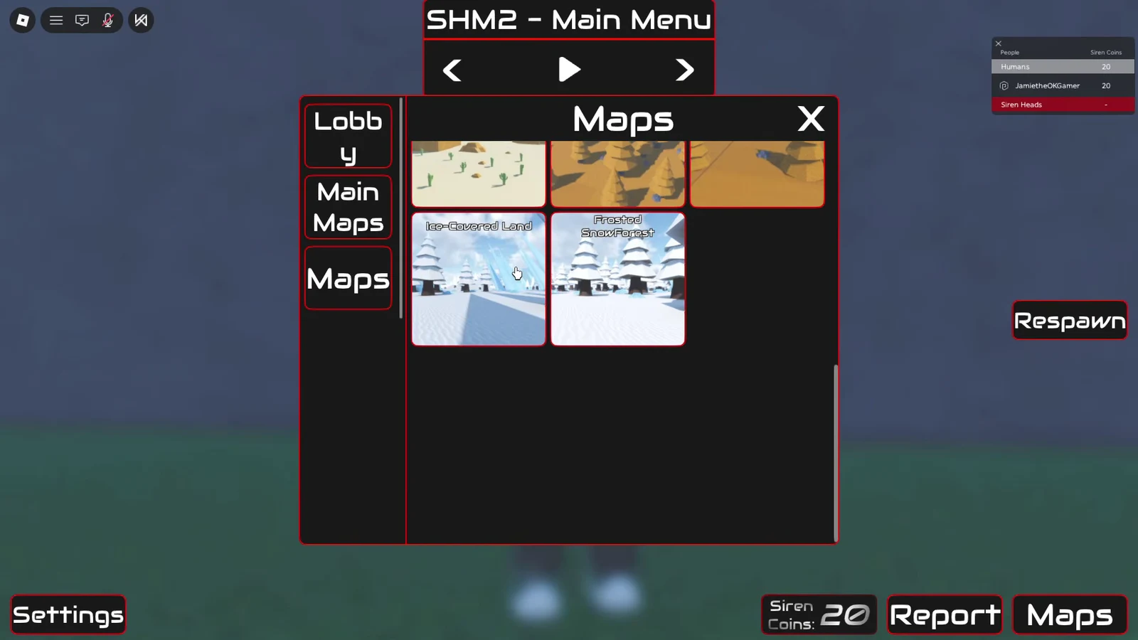 Maps menu with the cursor over the Ice-Covered Land thumbnail