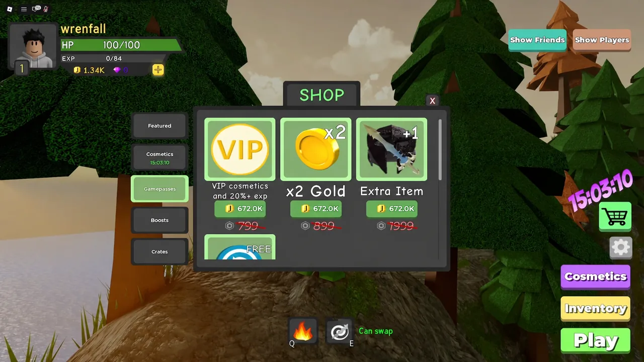 Dungeon Quest Reborn Shop menu open on the Gamepasses tab showing VIP, x2 Gold and Extra Item