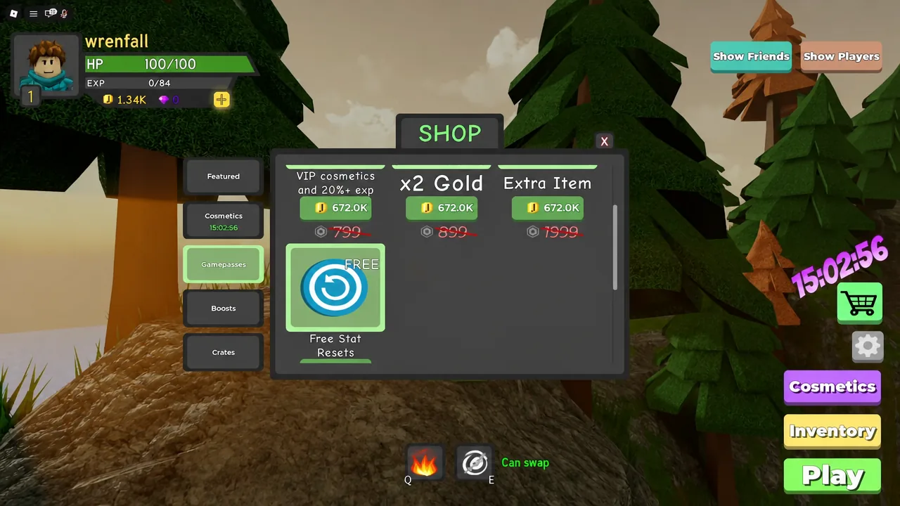 Dungeon Quest Reborn shop with the Gamepasses tab open, showing the Free Stat Resets pass