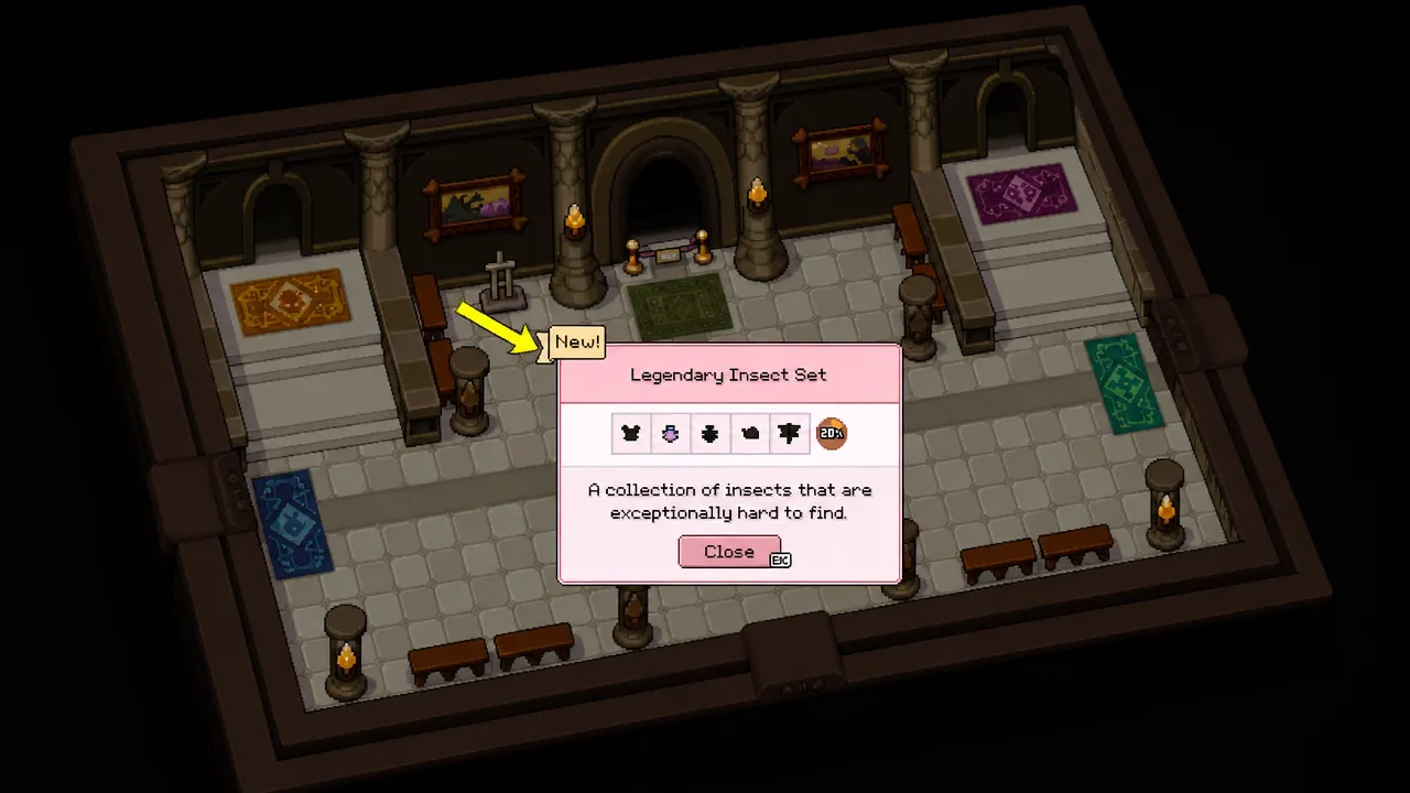 Legendary Insect Set notification describing the rare collection, with a Close button