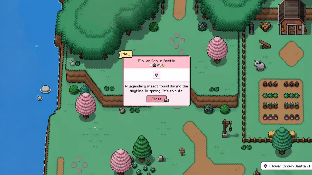 Flower Crown Beetle discovery popup with its description and the Close button highlighted