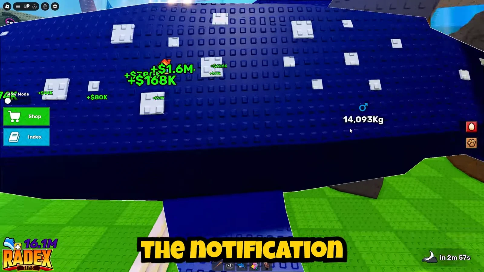 Player avatar heads toward a giant dinosaur with Shop and Index buttons on the left of the screen.