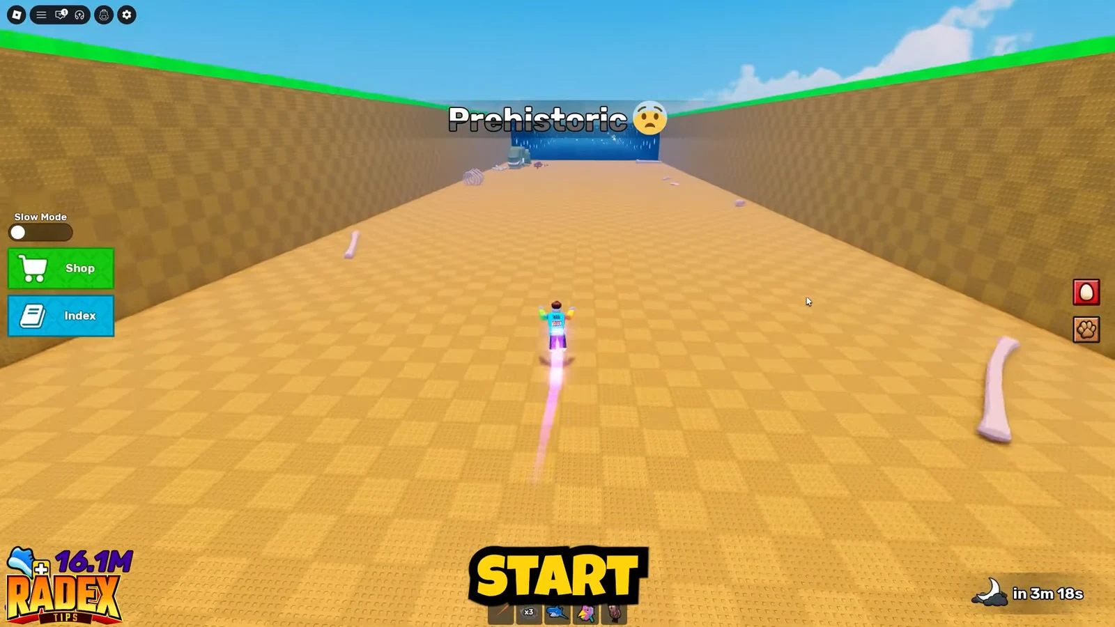 Player approaches the large START prompt inside the Prehistoric arena to begin a run.