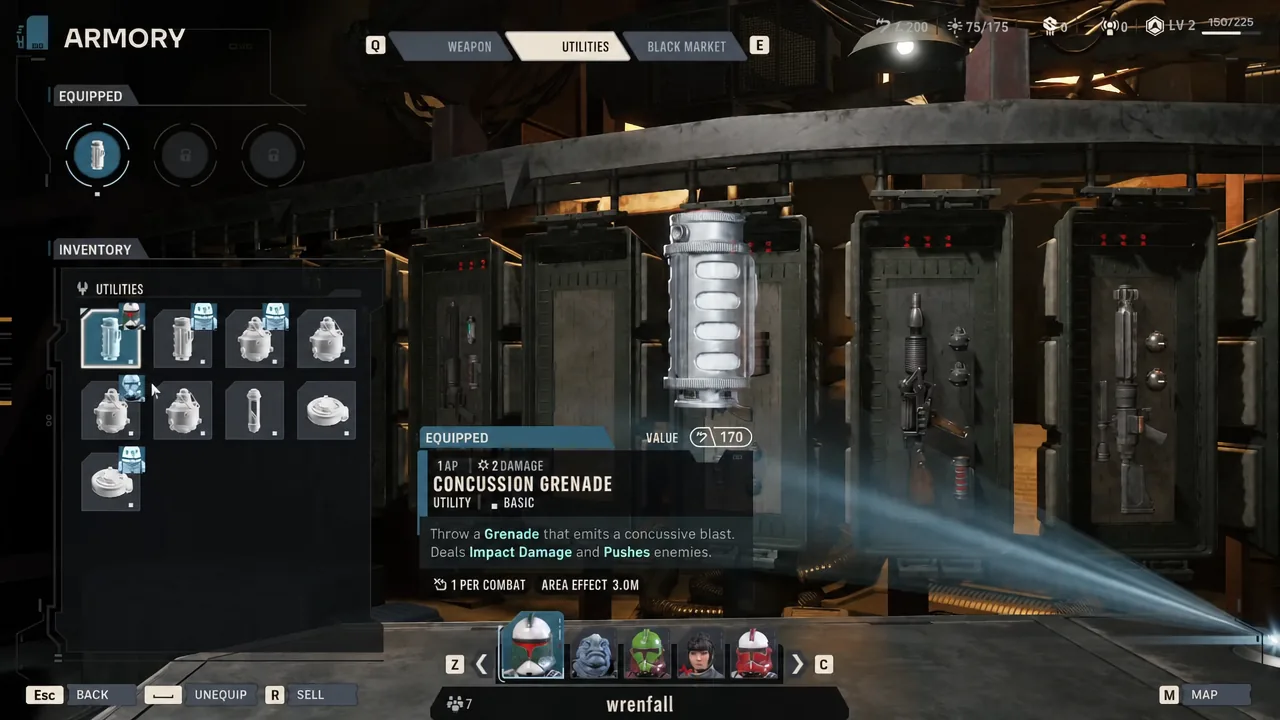 The Utilities tab in the Armory, with the Concussion Grenade selected.