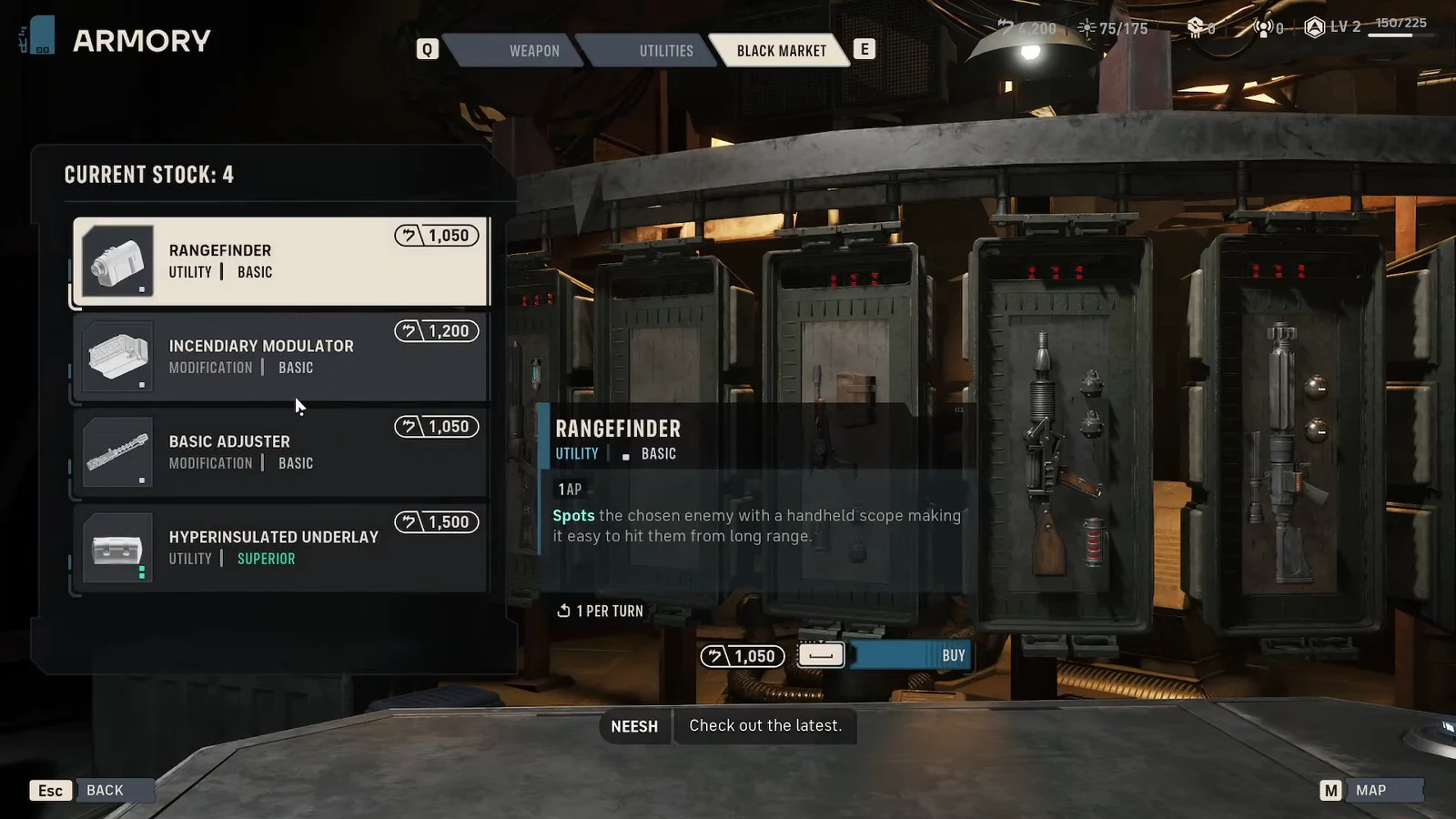 The Black Market tab, with the Rangefinder listed at 1,050 Credits.