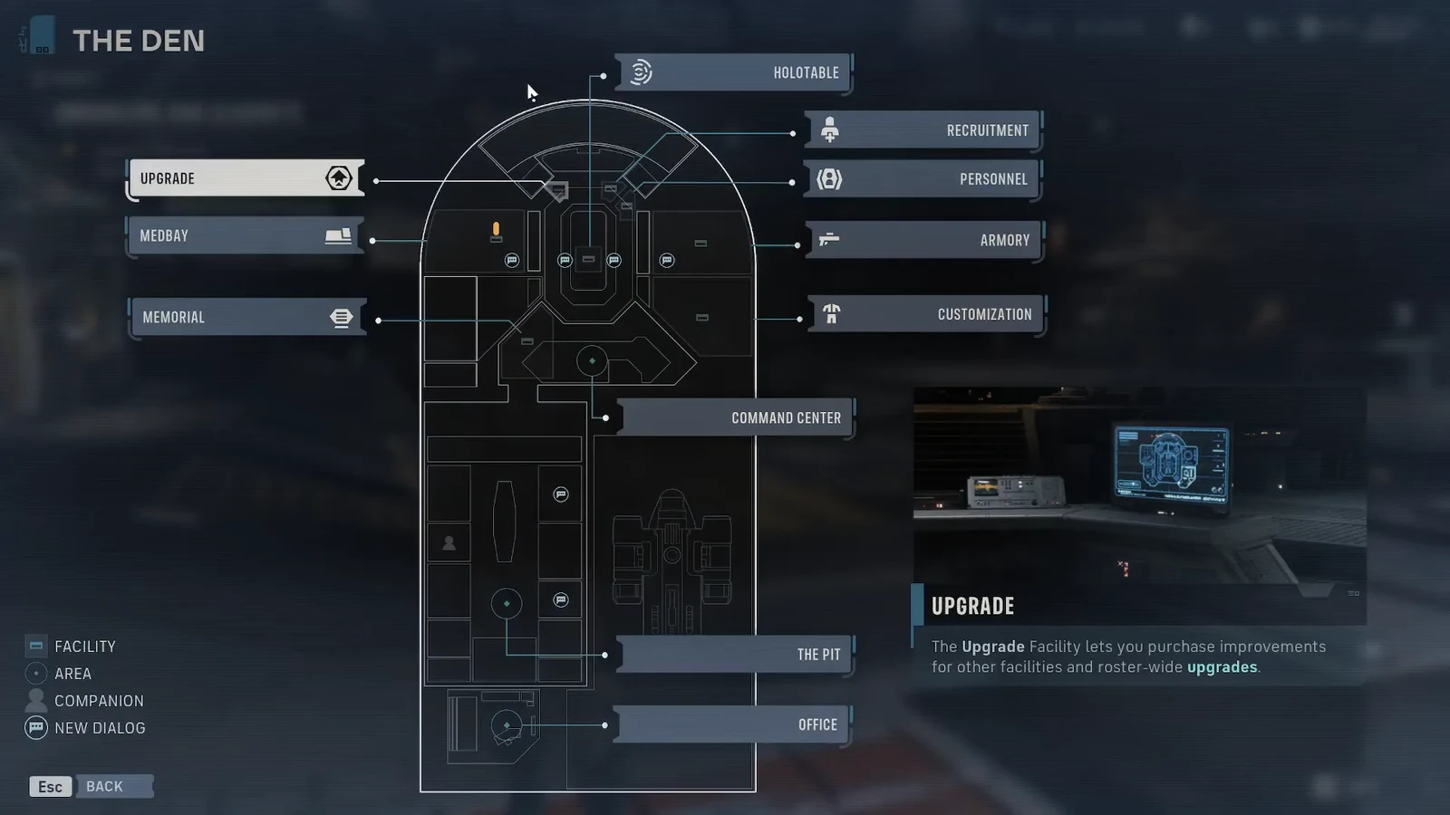 The Den facility map with Upgrade selected, where facility and roster-wide improvements are purchased.