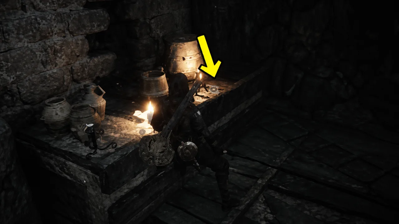 Yellow arrow points to a small metal key resting on a stone workbench