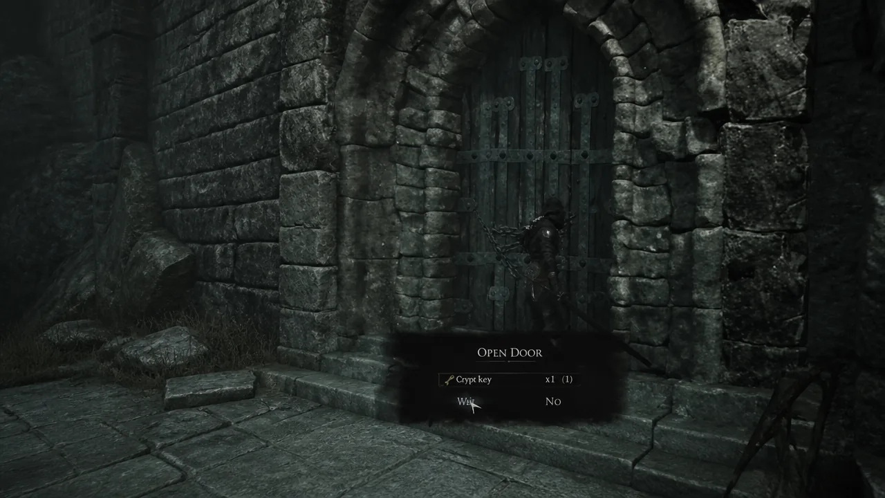 Open Door prompt using one Crypt Key to unlock the barred stone doorway with Yes selected