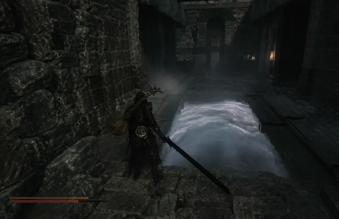 Harbinger approaches a glowing white barrier blocking a stone dungeon passage