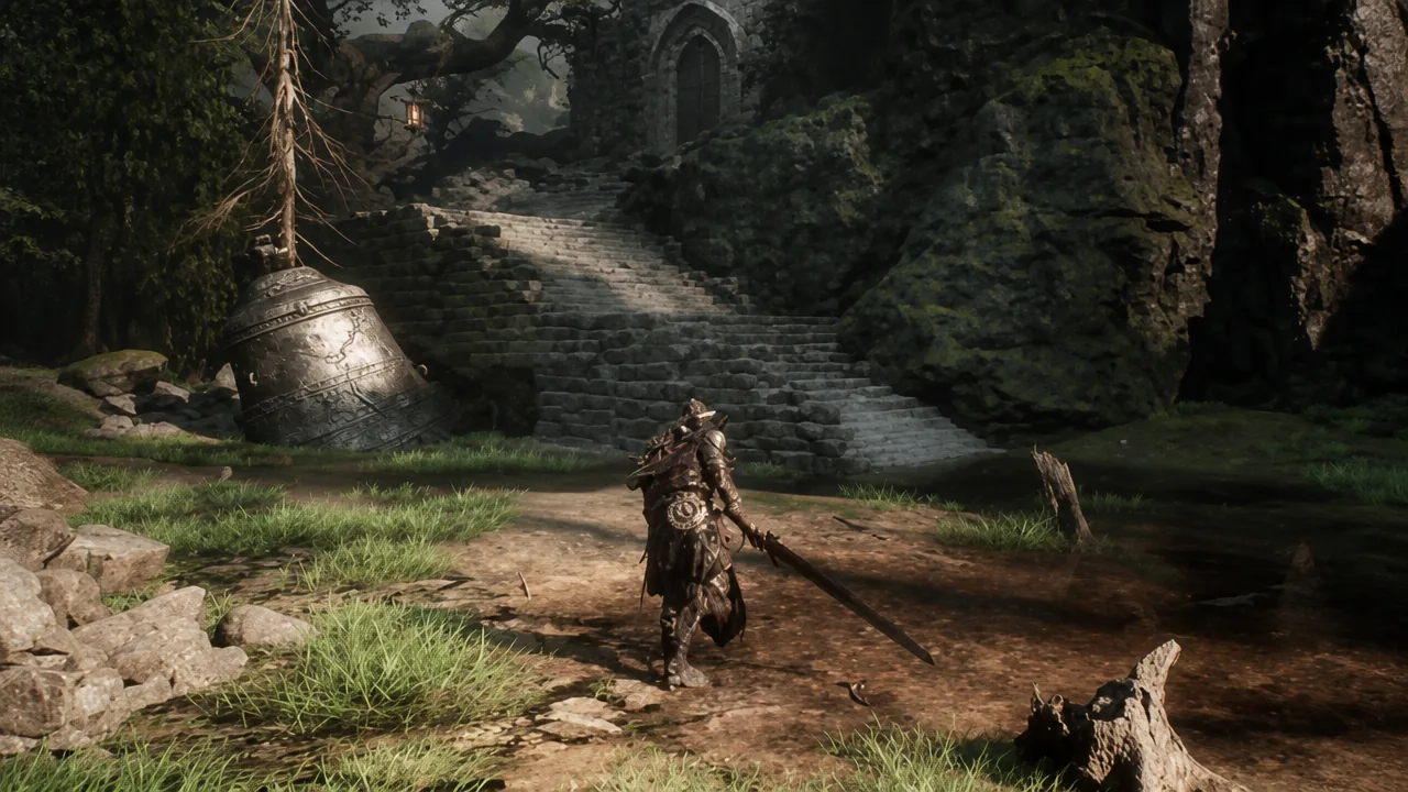 Stone doorway of the Hall of Echoes dungeon set into a hillside