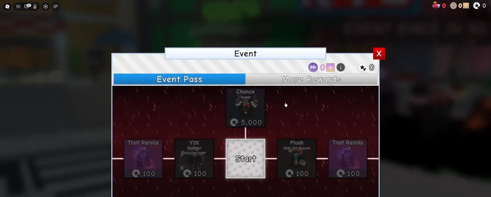 Event Pass tab showing the reward path with the starting tile highlighted