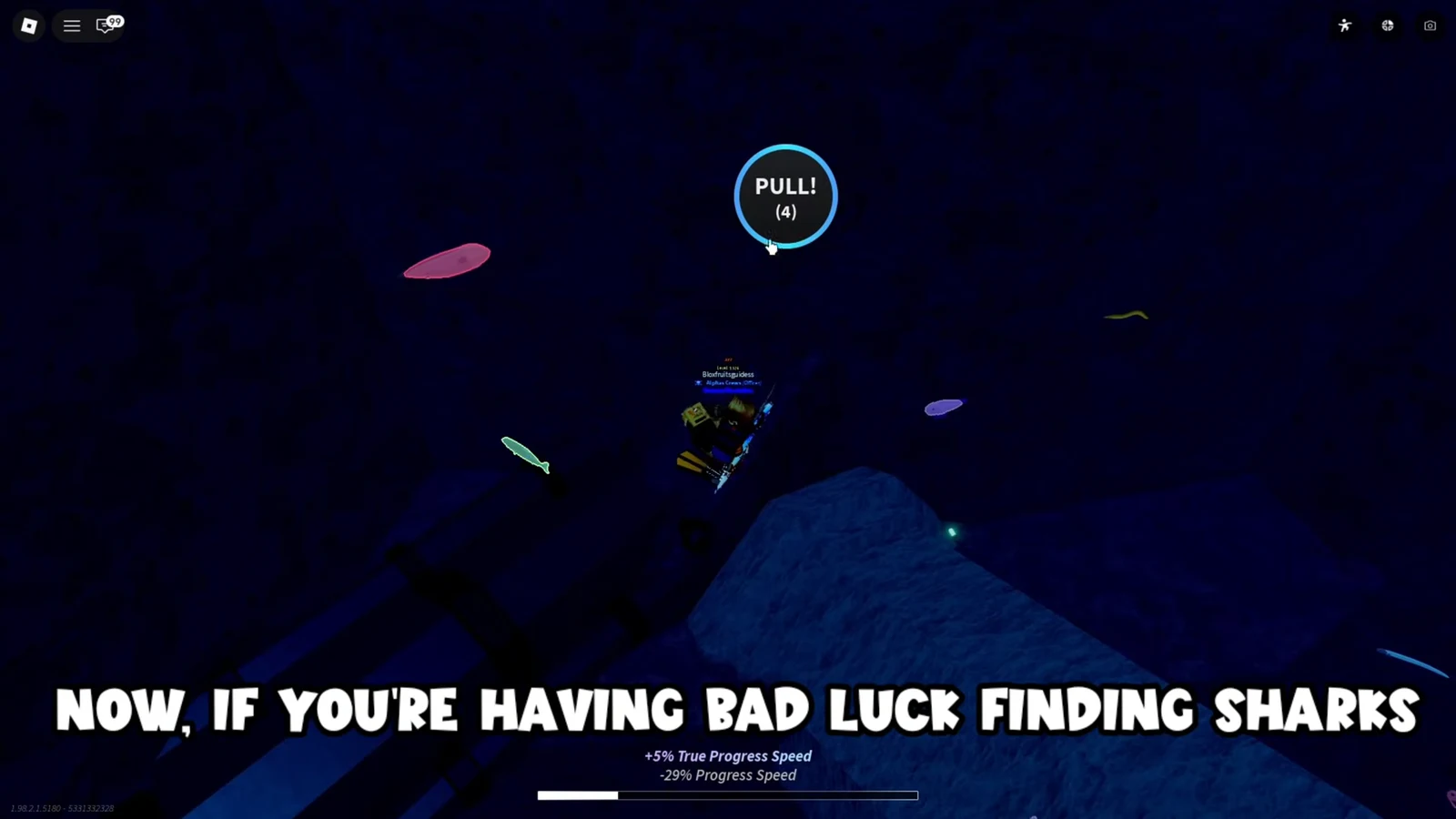 Circular PULL prompt on screen during the underwater fishing minigame