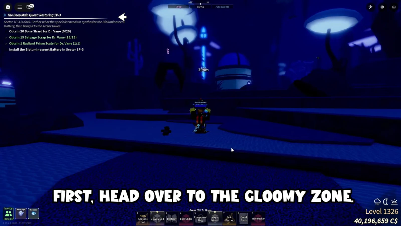 Player descends through dark water following a depth marker toward the Gloomy Zone in The Deep